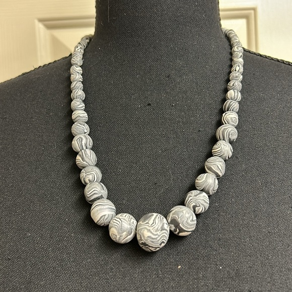 Handmade Gray, Black and White Beaded Necklace, 23” - Picture 9 of 9